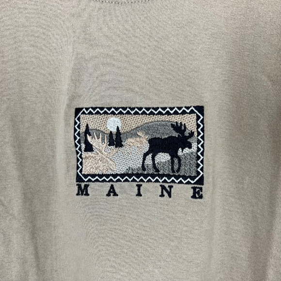 Vintage Anvil Beige Tan Maine Moose Graphic Tee Cotton 90s/00s Y2K Size Large - Picture 2 of 5